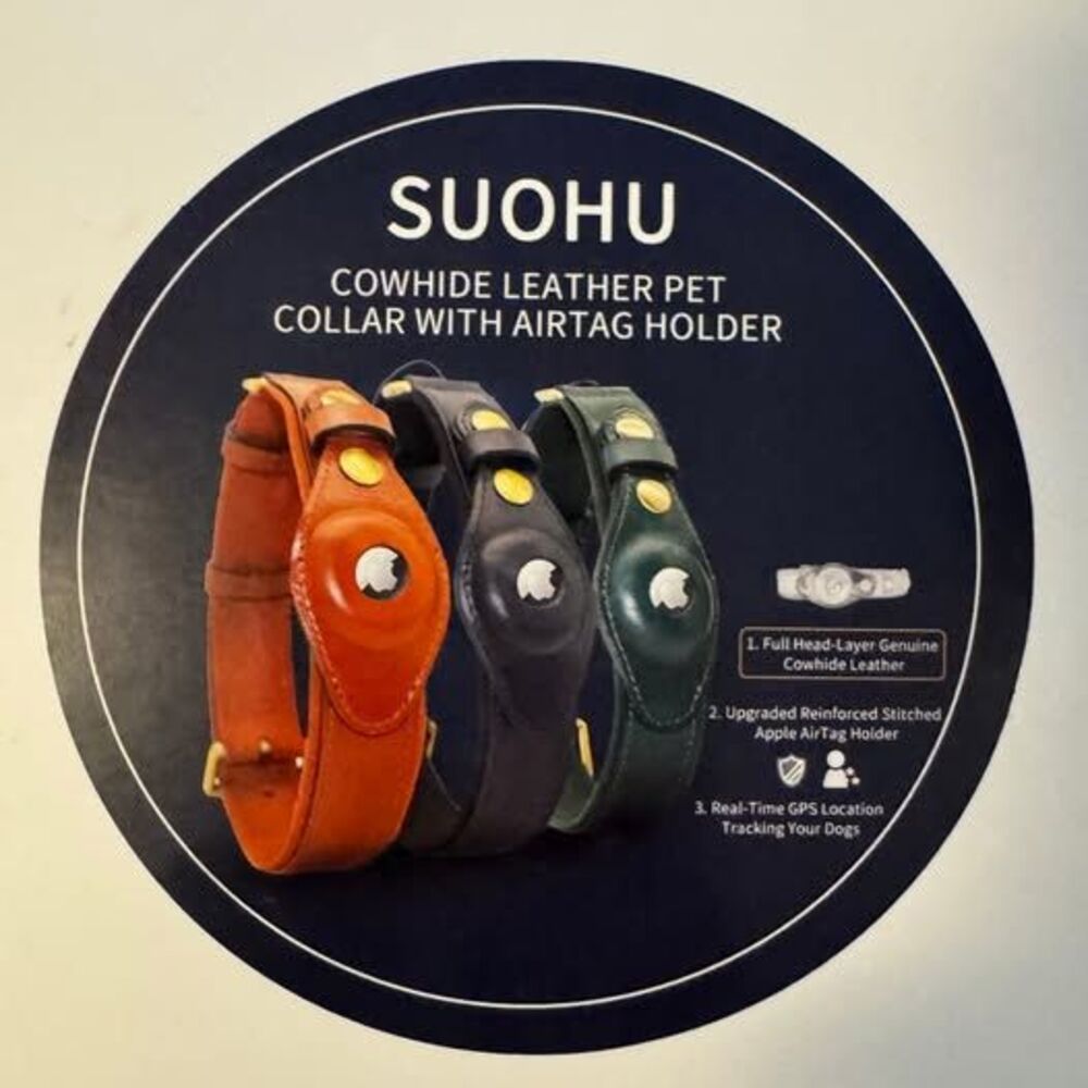 Suohu Leather Dog Collar w Apple AirTag Holder Large